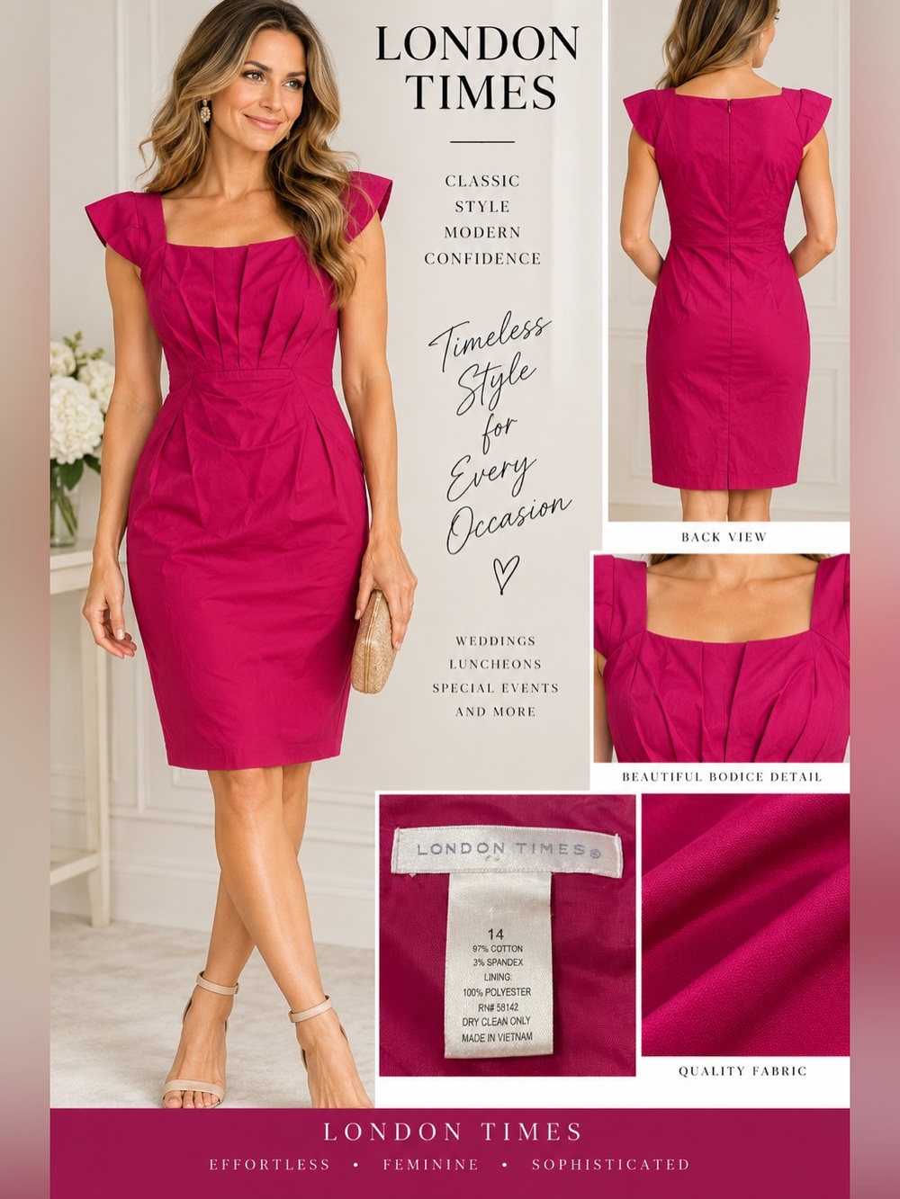 London Times Size 14 Fuchsia Pink Cotton Stretch Sheath Cocktail Dress